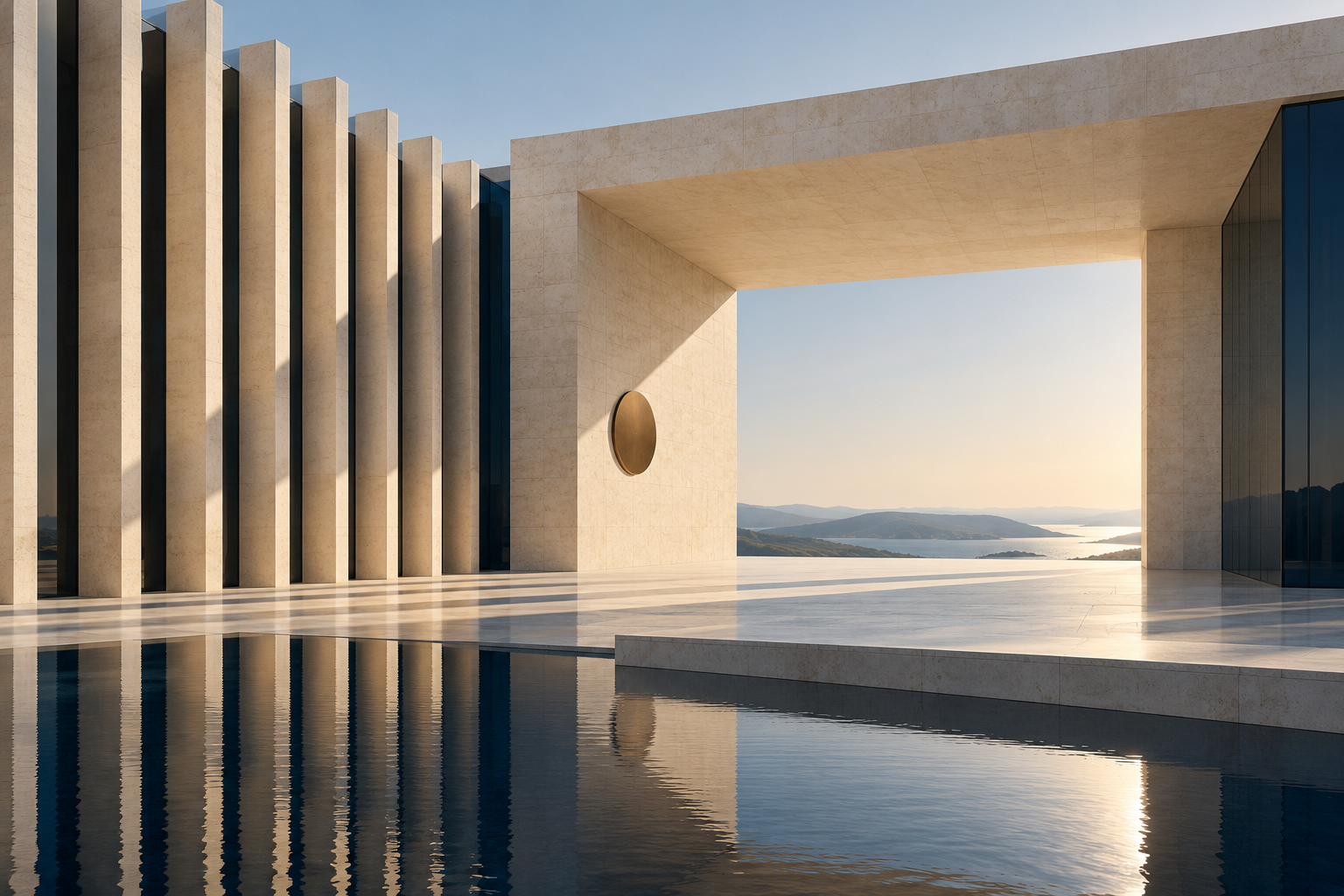 Architecture imaginaire de pierre et de verre ouverte sur l’horizon : une illustration de la prise de recul.
